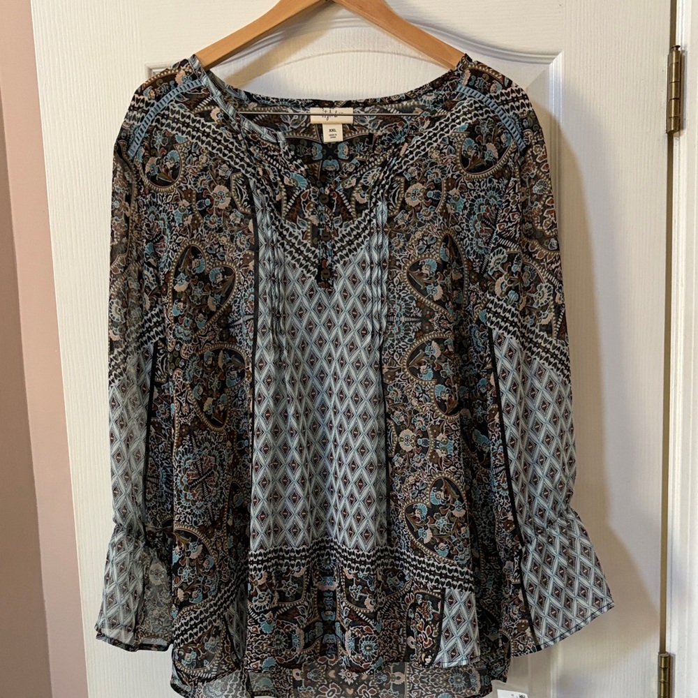 NWT Style & Co. Paisley Peasant Blouse - Blue and Brown-semi-sheer XXL